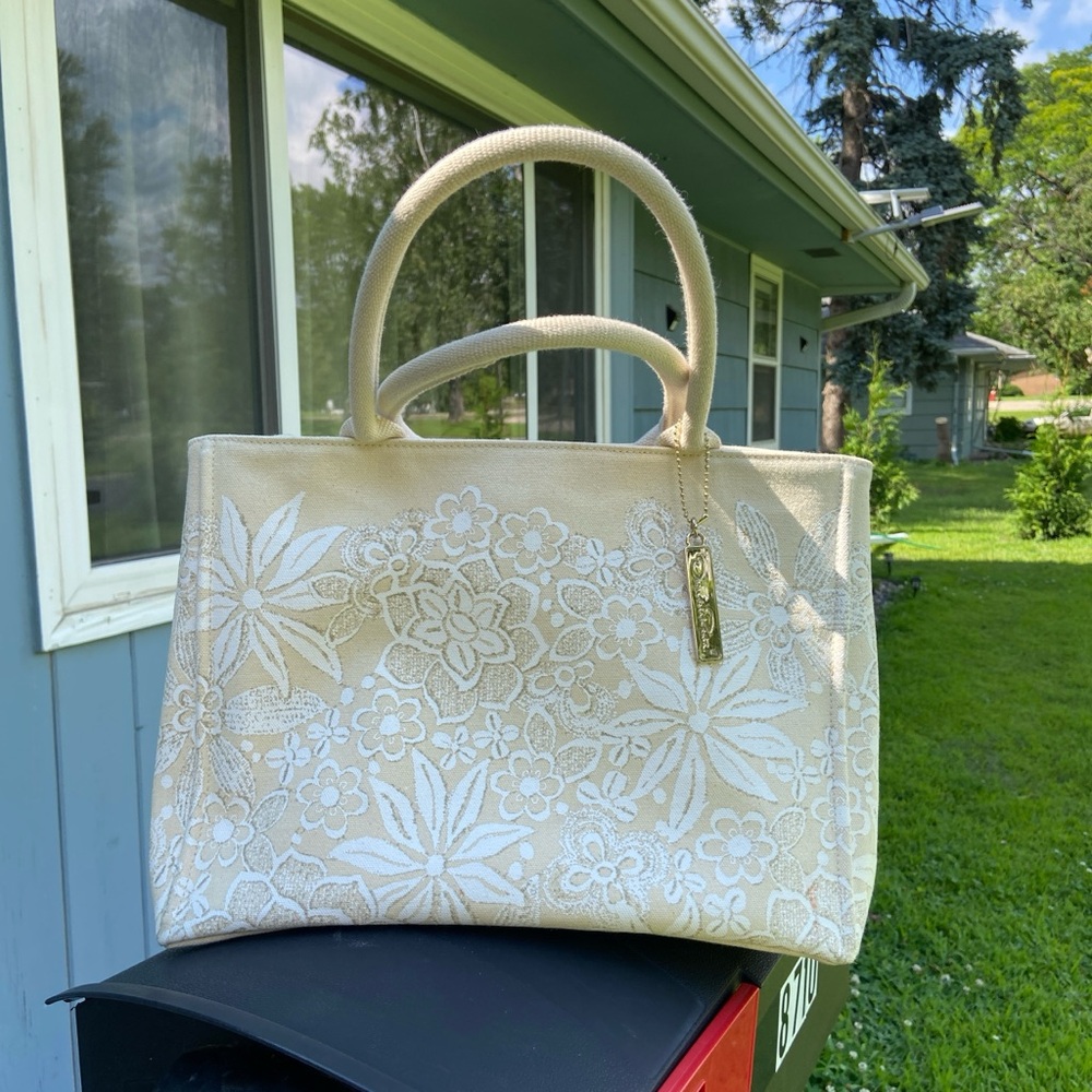 Oscar De La Renta Elegant Cream Floral Tote Bag